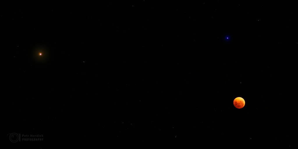 Eclipsed Moon, Spica and Mars