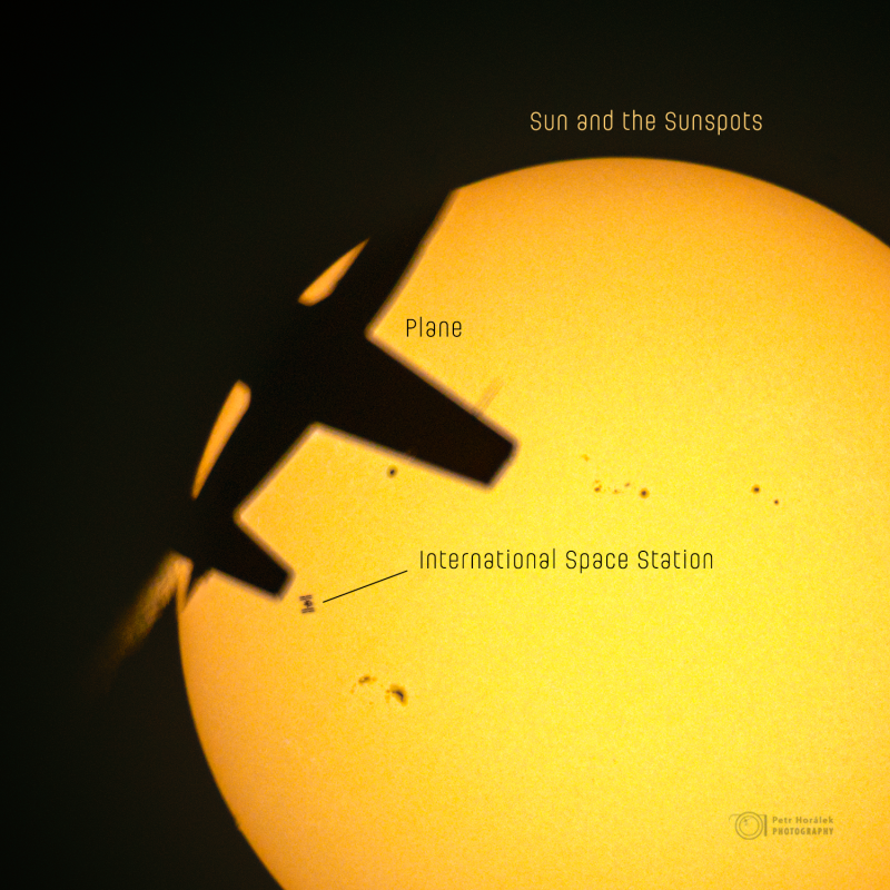 Plane and Space Station in fron of the Sun on 8 June 2026 - annotated