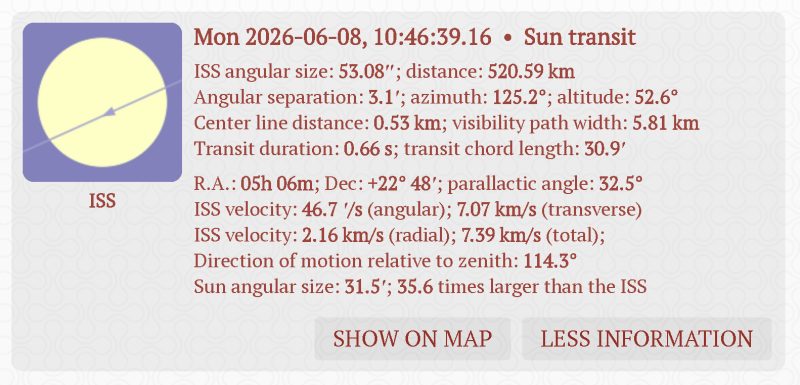 Details about ISS transit in front of the Sun on 8 June 2026 from Prasek. Source: Transit-Finder.com.