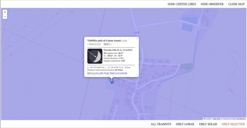 Observation site ISS transit in front of the Moon on 21 May 2026 from Tunechody. Source: Transit-Finder.com.