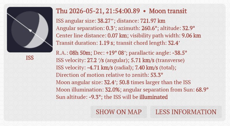 Details about ISS transit in front of the Moon on 21 May 2026 from Tunechody. Source: Transit-Finder.com.
