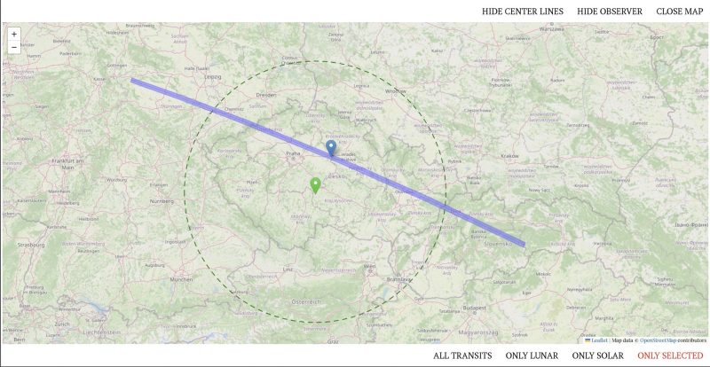 Visibility path of ISS transit in front of the Moon on 21 May 2026 from Tunechody. Source: Transit-Finder.com.