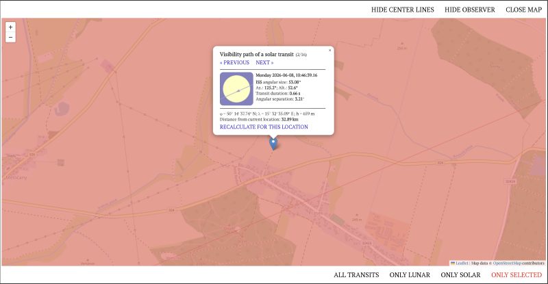 Map of ISS transit in front of the Sun on 8 June 2026 from Prasek. Source: Transit-Finder.com.