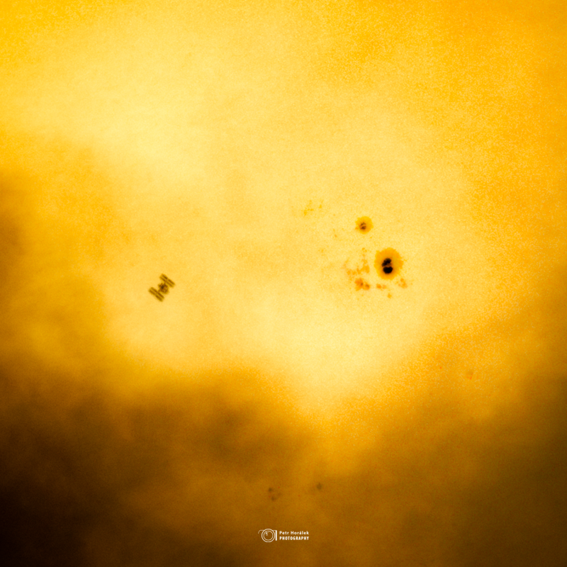 Space Station and Cloudy, Spotted Sun - Large Detail