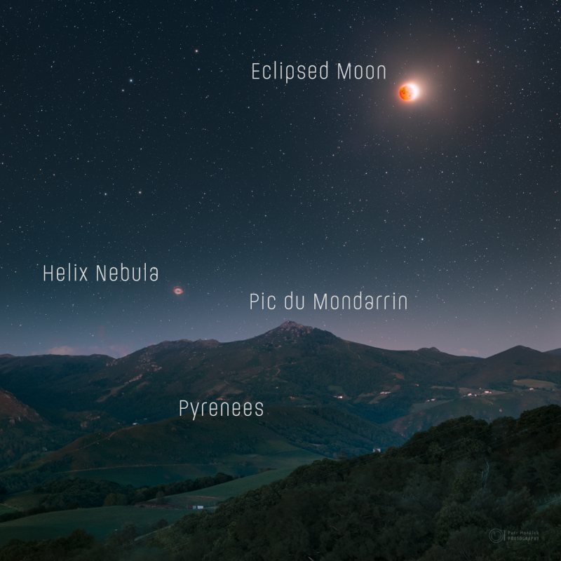 Eclipsed Moon, Helix, and Pyrenees - Annotated