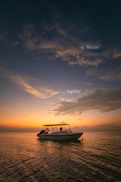 Line of planets and the Moon on 25 February 2023 over Thoddo Island (annotated).