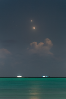 Conjuction of Venus and Jupiter on 1st March 2023 over Thoddo Island (annotated).Line of Venus and Jupiter on 1 March 2023 over Thoddo Island