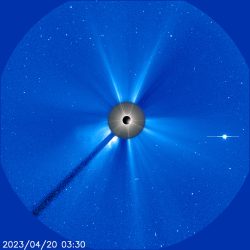 Solar corona and CME durind eclipse in image and SOHO LASCO C3 view. Petr Horálek/Institute of Physics in Opava, Milan Hlaváč, Josef Kujal, SOHO, ESA/NASA. Solar corona and CME durind eclipse in image and SOHO LASCO C3 view. Petr Horálek/Institute of Physics in Opava, Milan Hlaváč, Josef Kujal, SOHO, ESA/NASA.
