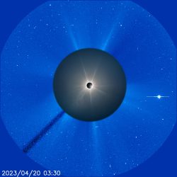 Solar corona and CME durind eclipse in image and SOHO LASCO C3 view. Petr Horálek/Institute of Physics in Opava, Milan Hlaváč, Josef Kujal, SOHO, ESA/NASA. Solar corona and CME durind eclipse in image and SOHO LASCO C3 view. Petr Horálek/Institute of Physics in Opava, Milan Hlaváč, Josef Kujal, SOHO, ESA/NASA.